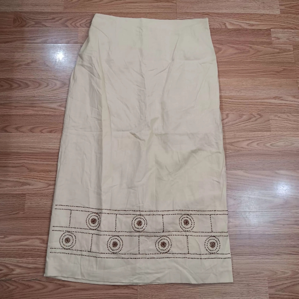 Giorgio Fiorlini Women's 16W Midi Embroidered Elastic Waist Linen Blend Skirt Be
